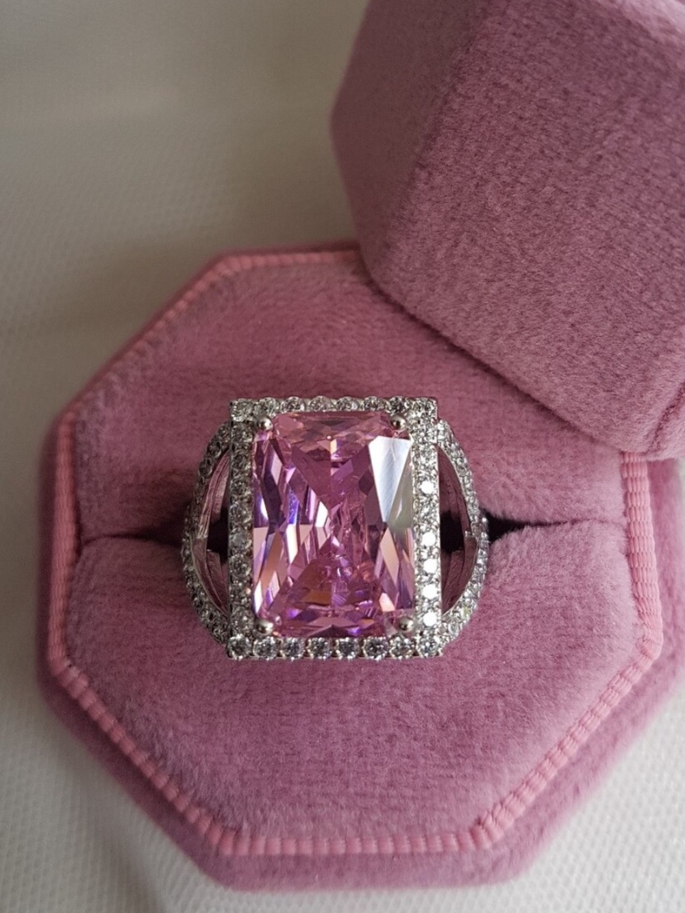 Swarovski Elements 925 Sterling Silver Pink Sapphire Halo Statement Ring NEW